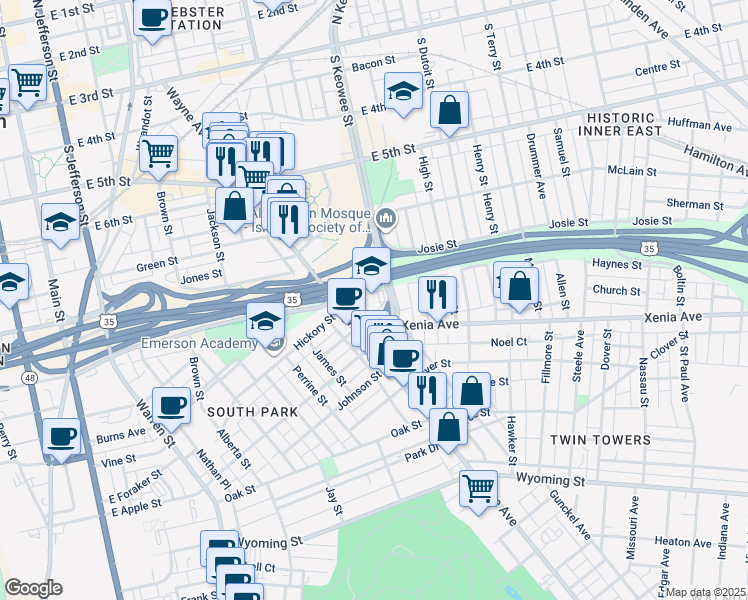 map of restaurants, bars, coffee shops, grocery stores, and more near 601 South Keowee Street in Dayton