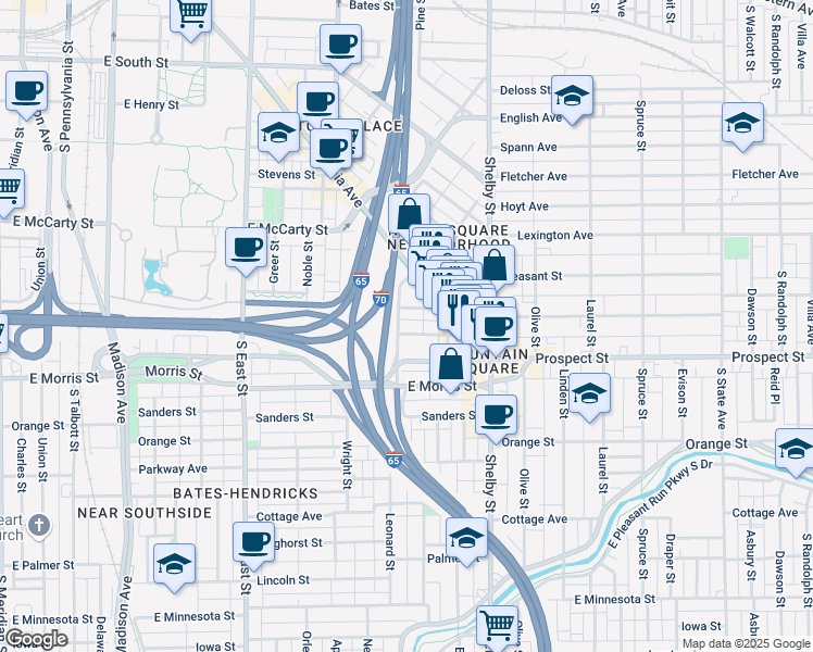 map of restaurants, bars, coffee shops, grocery stores, and more near 906 Woodlawn Avenue in Indianapolis
