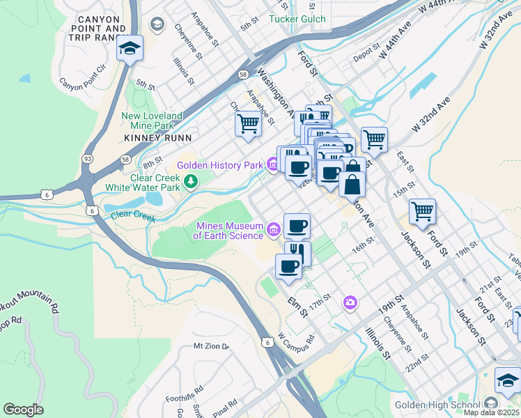 map of restaurants, bars, coffee shops, grocery stores, and more near 1118 12th Street in Golden