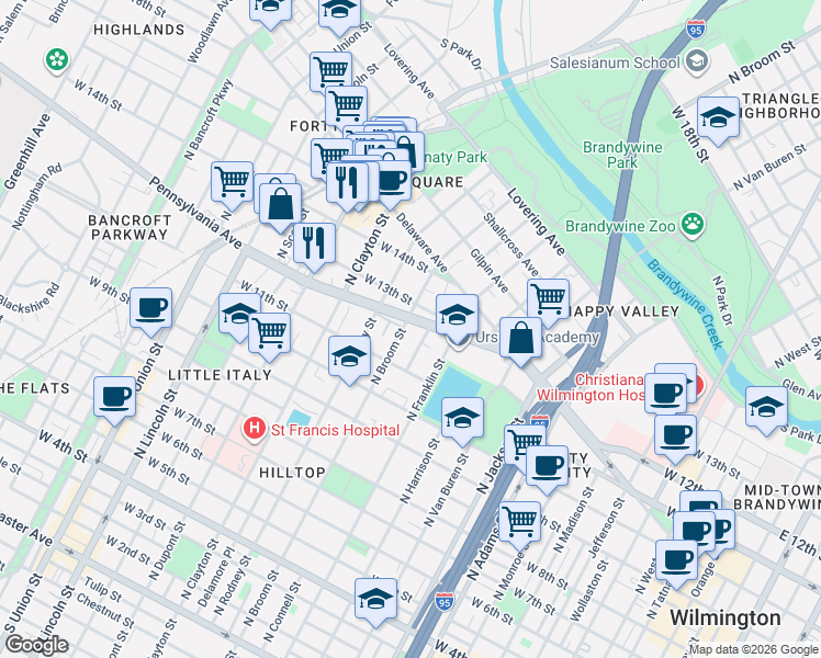 map of restaurants, bars, coffee shops, grocery stores, and more near 1110 North Broom Street in Wilmington