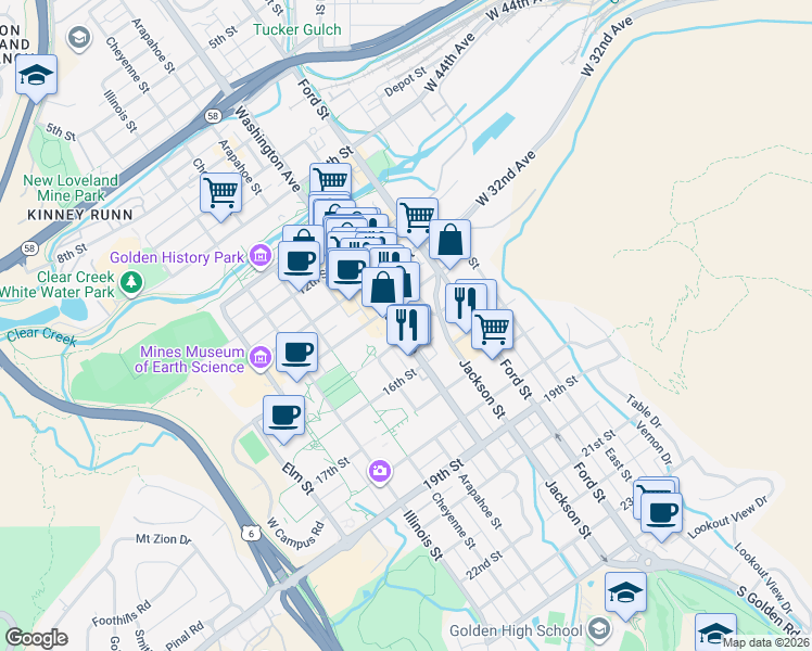 map of restaurants, bars, coffee shops, grocery stores, and more near 1421 Washington Avenue in Golden