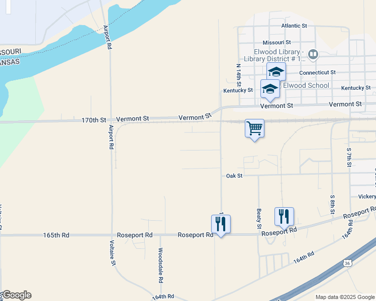 map of restaurants, bars, coffee shops, grocery stores, and more near Elm Street in Wathena