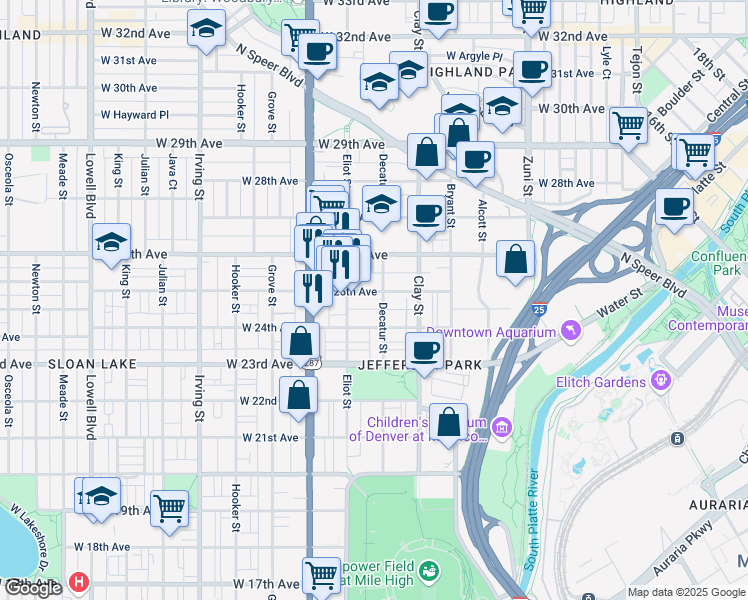 map of restaurants, bars, coffee shops, grocery stores, and more near 2810 West 25th Avenue in Denver