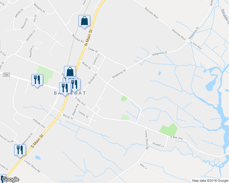 map of restaurants, bars, coffee shops, grocery stores, and more near 54 Water Street in Barnegat Township