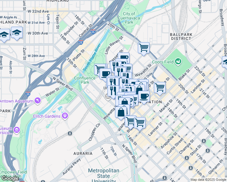 map of restaurants, bars, coffee shops, grocery stores, and more near 1900 16th Street Mall in Denver