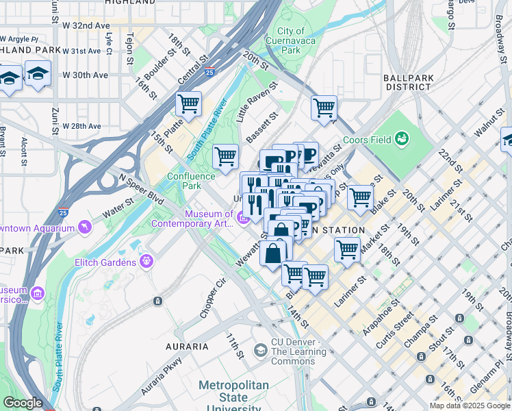 map of restaurants, bars, coffee shops, grocery stores, and more near 1900 16th Street in Denver