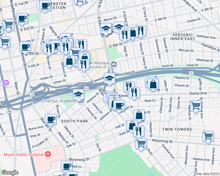 map of restaurants, bars, coffee shops, grocery stores, and more near 601 South Keowee Street in Dayton