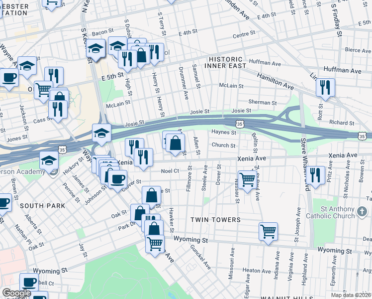 map of restaurants, bars, coffee shops, grocery stores, and more near 284 McClure Street in Dayton