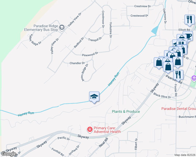 map of restaurants, bars, coffee shops, grocery stores, and more near 5803 Acorn Ridge Drive in Paradise