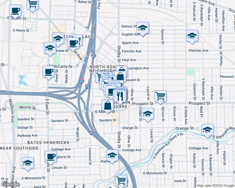 map of restaurants, bars, coffee shops, grocery stores, and more near in Indianapolis