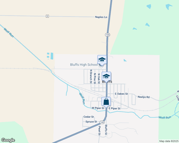 map of restaurants, bars, coffee shops, grocery stores, and more near 231 North Branch Street in Bluffs