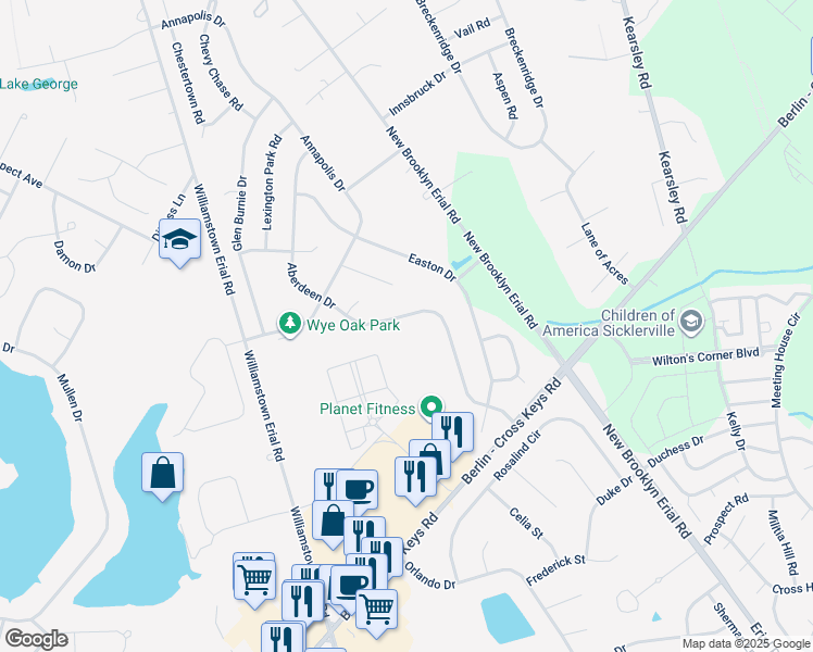 map of restaurants, bars, coffee shops, grocery stores, and more near 42 Aberdeen Drive in Sicklerville