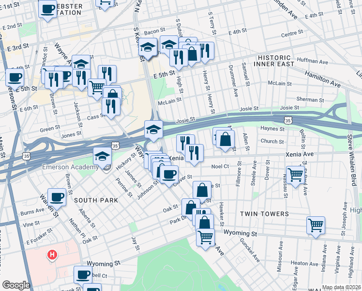 map of restaurants, bars, coffee shops, grocery stores, and more near 166 Kastner Avenue in Dayton