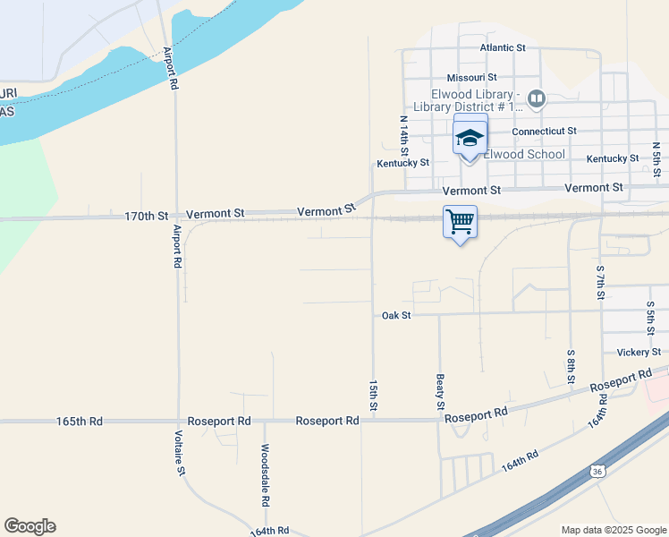 map of restaurants, bars, coffee shops, grocery stores, and more near Elm Street in Wathena
