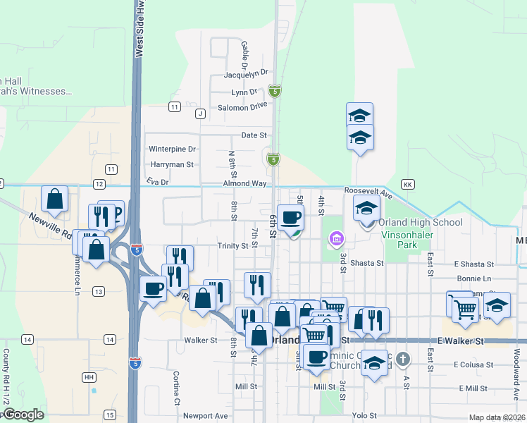 map of restaurants, bars, coffee shops, grocery stores, and more near 130 6th Street in Orland