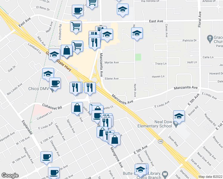 map of restaurants, bars, coffee shops, grocery stores, and more near 2 Fair Oaks Circle in Chico
