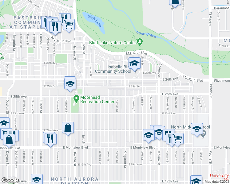 map of restaurants, bars, coffee shops, grocery stores, and more near 2505 Kenton Street in Aurora