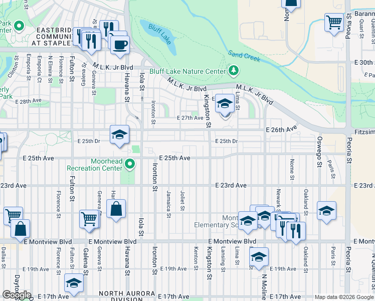 map of restaurants, bars, coffee shops, grocery stores, and more near 2505 Kenton Street in Aurora