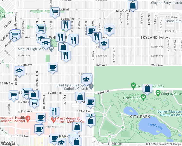 map of restaurants, bars, coffee shops, grocery stores, and more near 2400-2498 York Street in Denver