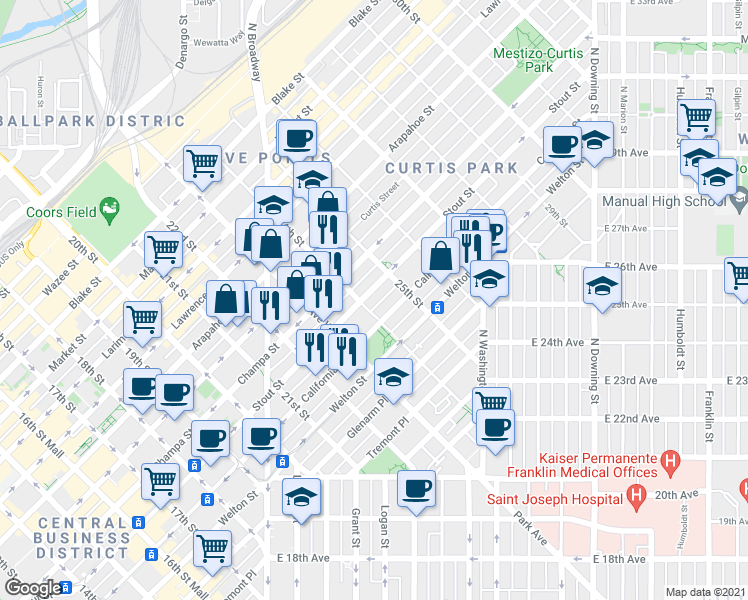 map of restaurants, bars, coffee shops, grocery stores, and more near 2370 Stout Street in Denver