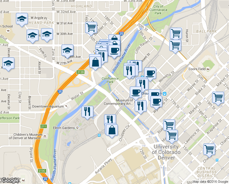 map of restaurants, bars, coffee shops, grocery stores, and more near 1400 Little Raven Street in Denver