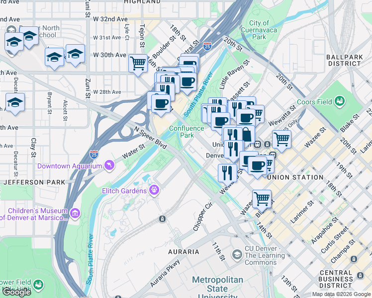 map of restaurants, bars, coffee shops, grocery stores, and more near 1400 Little Raven Street in Denver