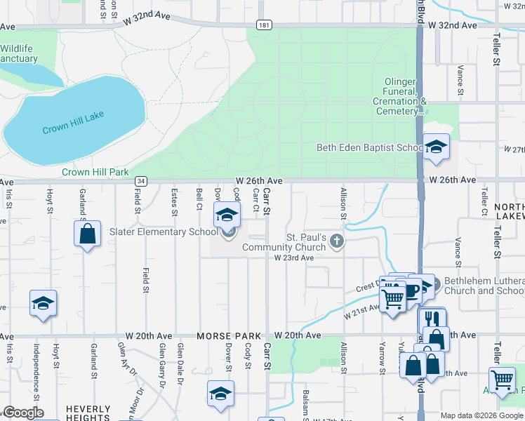 map of restaurants, bars, coffee shops, grocery stores, and more near 2505 Carr Court in Lakewood