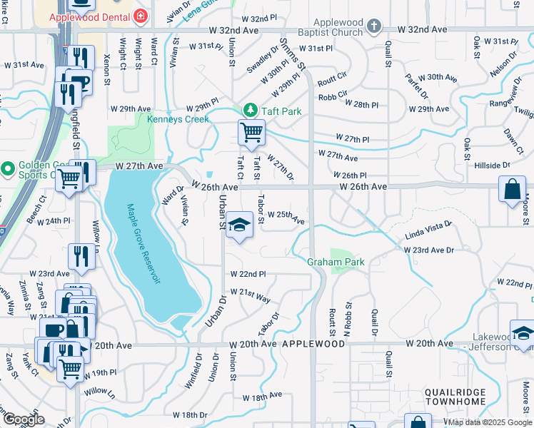 map of restaurants, bars, coffee shops, grocery stores, and more near 11755 West 24th Place Circle in Lakewood
