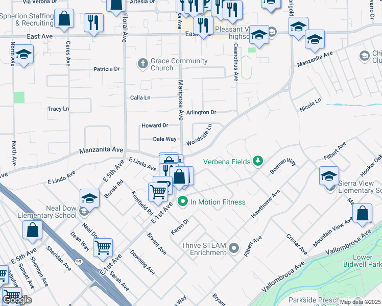 map of restaurants, bars, coffee shops, grocery stores, and more near in Chico