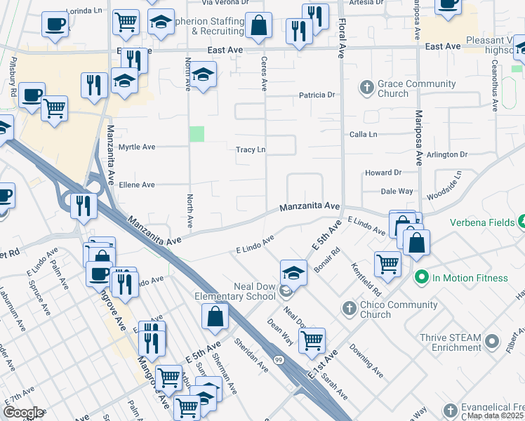 map of restaurants, bars, coffee shops, grocery stores, and more near 1094 Manzanita Avenue in Chico