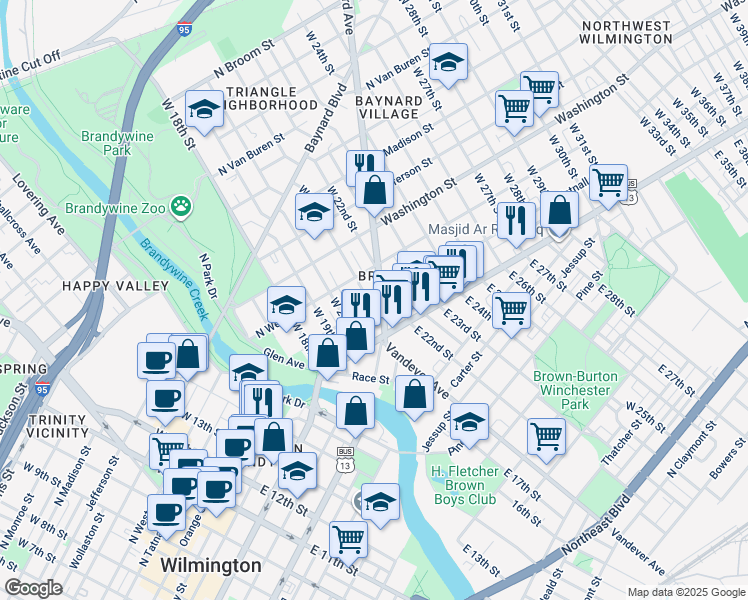 map of restaurants, bars, coffee shops, grocery stores, and more near 2020 Tatnall Street in Wilmington
