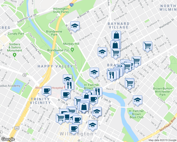 map of restaurants, bars, coffee shops, grocery stores, and more near 219 West 17th Street in Wilmington
