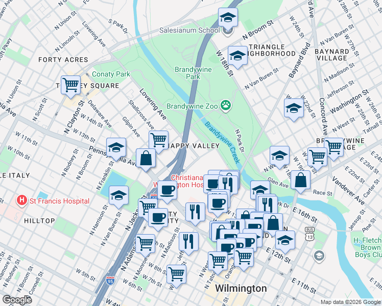 map of restaurants, bars, coffee shops, grocery stores, and more near 1421 North Adams Street in Wilmington