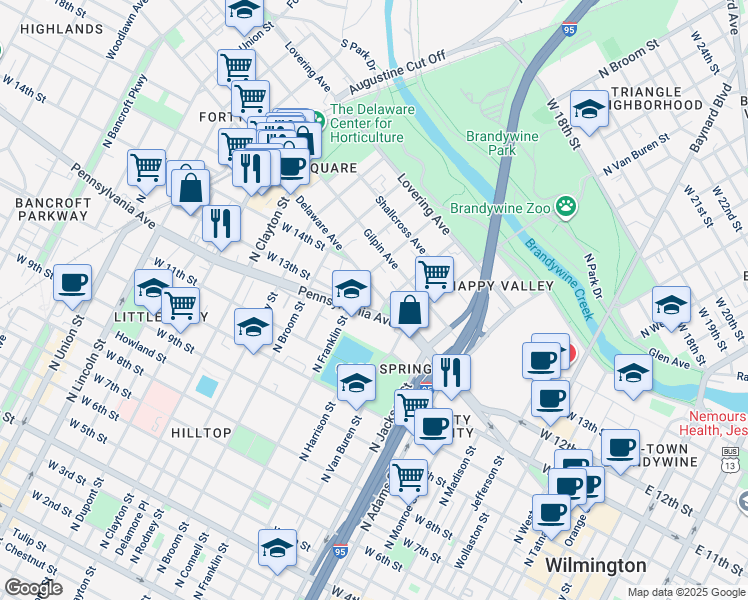 map of restaurants, bars, coffee shops, grocery stores, and more near 1201 North Harrison Street in Wilmington