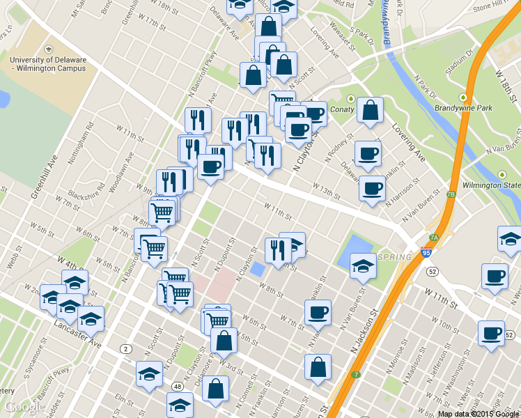 map of restaurants, bars, coffee shops, grocery stores, and more near 1615 West 10th Street in Wilmington
