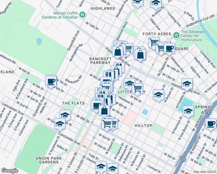 map of restaurants, bars, coffee shops, grocery stores, and more near 834 North Union Street in Wilmington