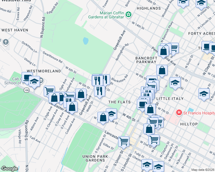 map of restaurants, bars, coffee shops, grocery stores, and more near 2502 West 6th Street in Wilmington