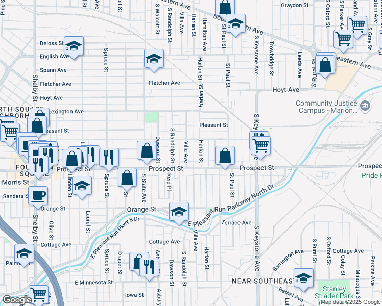 map of restaurants, bars, coffee shops, grocery stores, and more near 1049 Villa Avenue in Indianapolis
