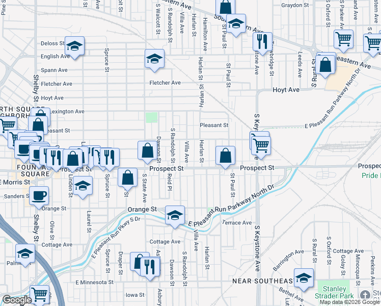 map of restaurants, bars, coffee shops, grocery stores, and more near 1049 Villa Avenue in Indianapolis