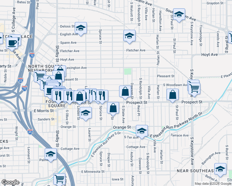 map of restaurants, bars, coffee shops, grocery stores, and more near 1619 Woodlawn Avenue in Indianapolis