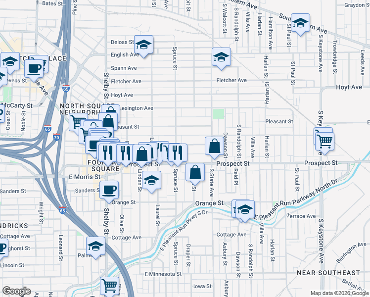 map of restaurants, bars, coffee shops, grocery stores, and more near 1518 Prospect Street in Indianapolis