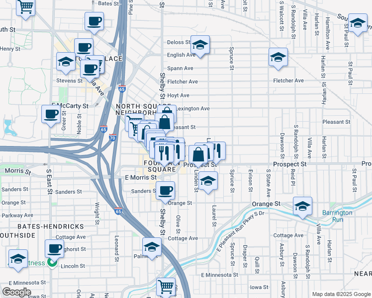 map of restaurants, bars, coffee shops, grocery stores, and more near 1226 Prospect Street in Indianapolis