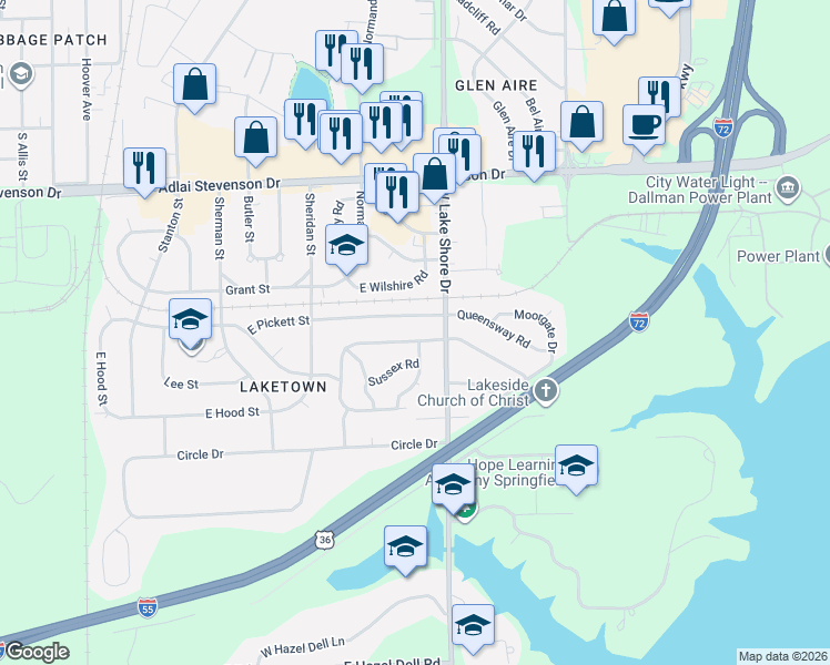 map of restaurants, bars, coffee shops, grocery stores, and more near 3500-3598 Lancaster Rd in Springfield