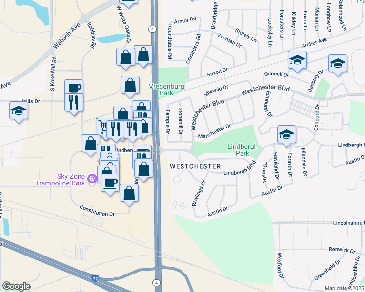 map of restaurants, bars, coffee shops, grocery stores, and more near 2700-2780 Lindbergh Blvd in Springfield