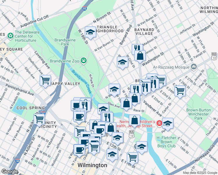 map of restaurants, bars, coffee shops, grocery stores, and more near 1714 North Washington Street in Wilmington