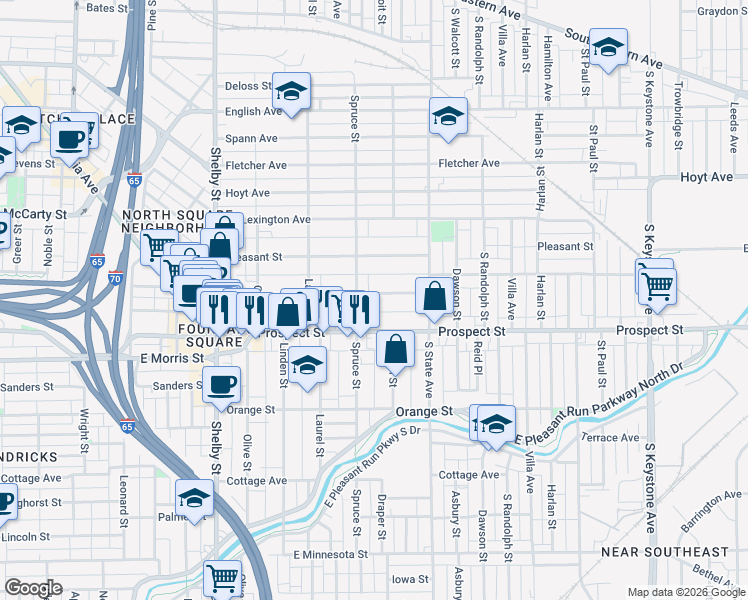 map of restaurants, bars, coffee shops, grocery stores, and more near 1518 Prospect Street in Indianapolis