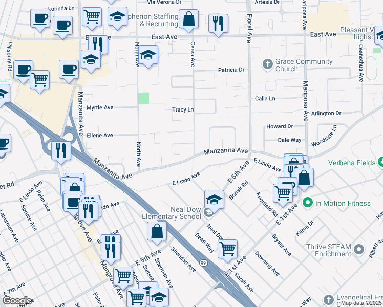map of restaurants, bars, coffee shops, grocery stores, and more near 1094 Manzanita Avenue in Chico