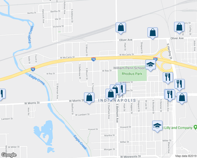 map of restaurants, bars, coffee shops, grocery stores, and more near 1034 South Pershing Avenue in Indianapolis