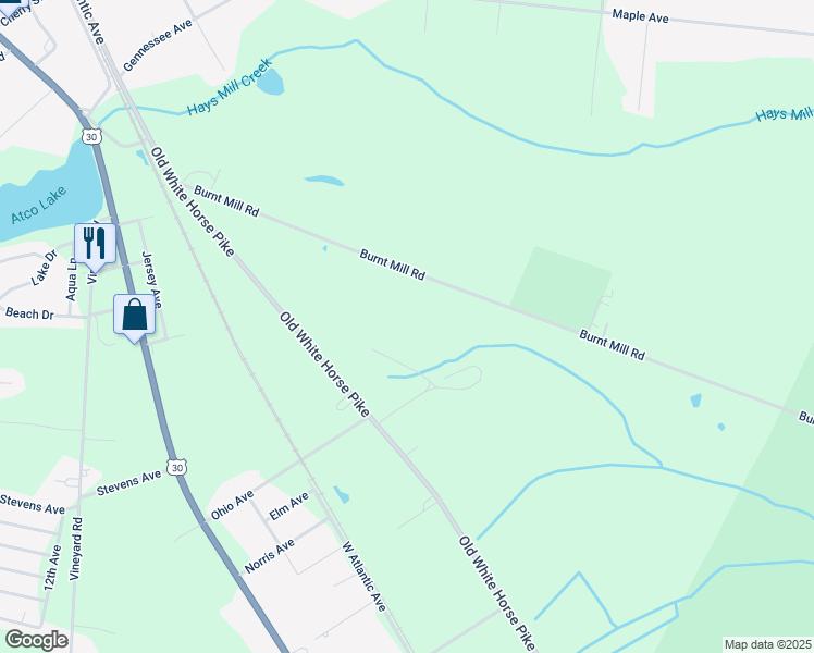 map of restaurants, bars, coffee shops, grocery stores, and more near 719 Burnt Mill Road in Voorhees Township