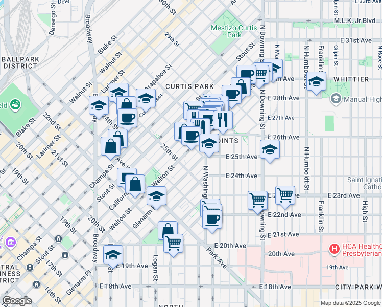 map of restaurants, bars, coffee shops, grocery stores, and more near 2541 Glenarm Place in Denver